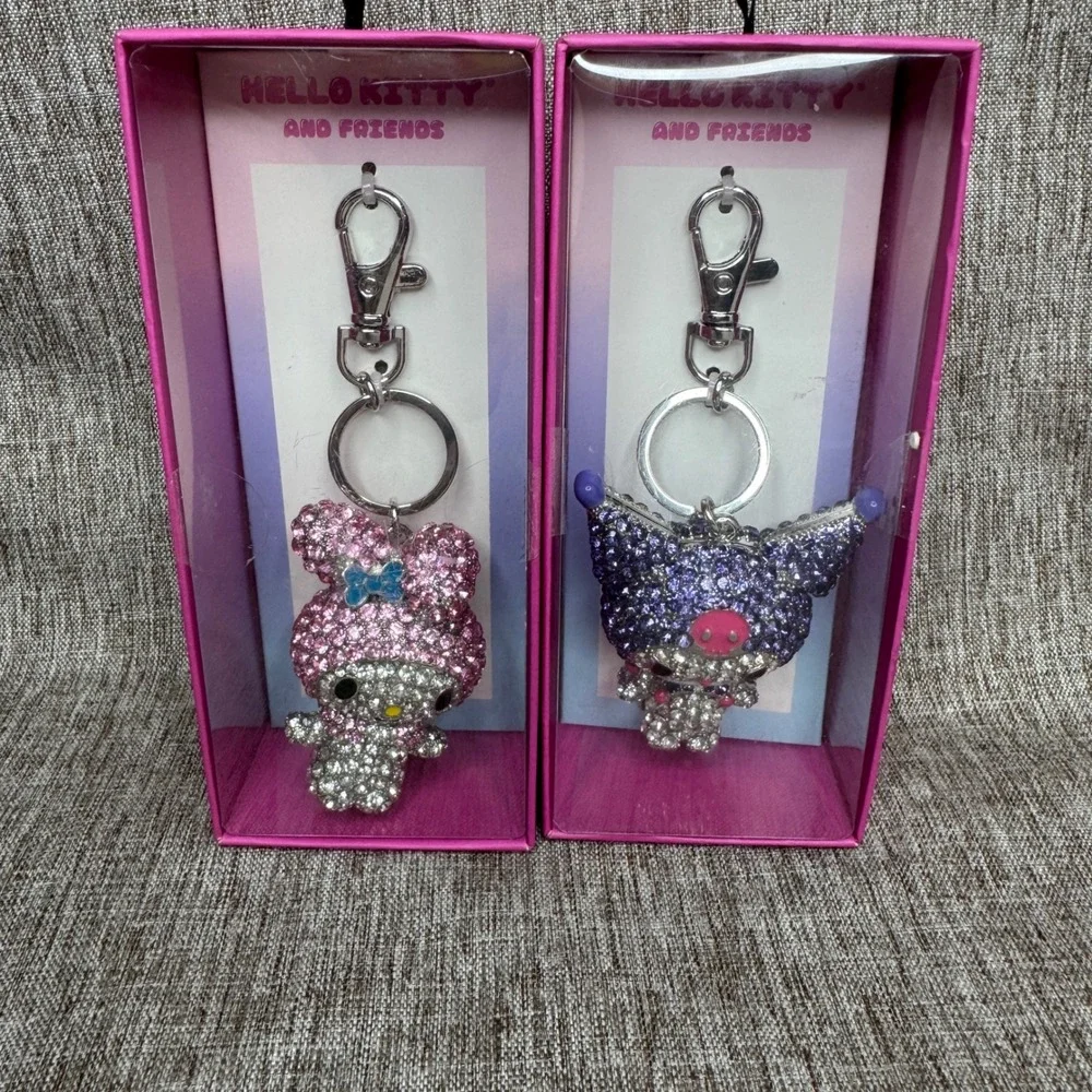 Sanrio Hello Kitty and Friends My Melody Kuromi Rhinestone Keychain Set 2pc NEW